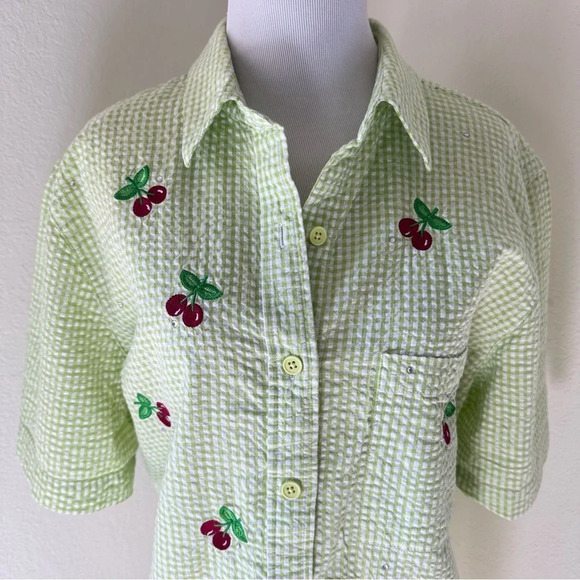 Quaker Factory Blouse Lime Green White Cherry Embroidered Gingham 90s Large - Picture 5 of 8